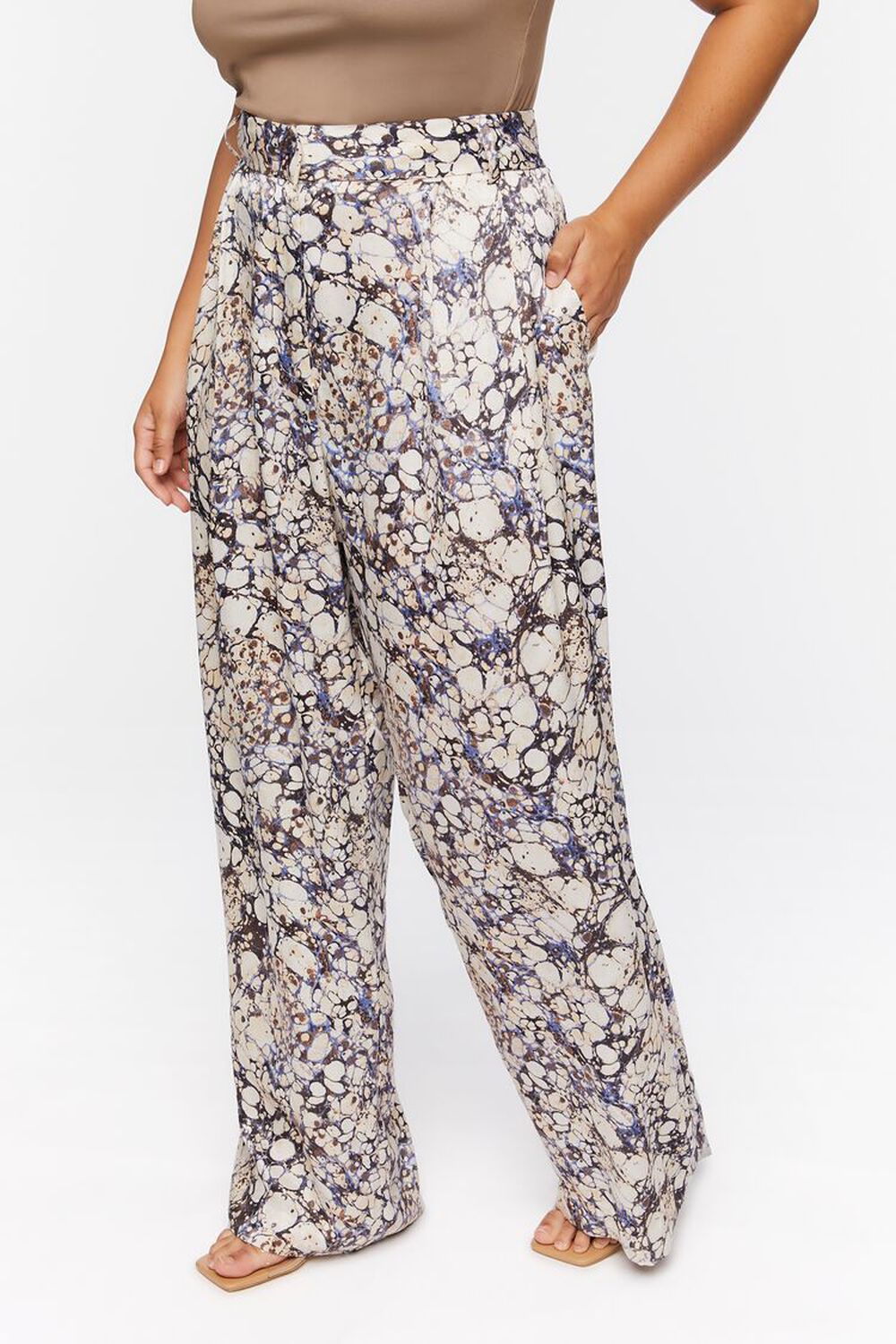 TAN/MULTI Plus Size Abstract Marble Print Pants, image 3