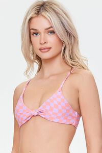 SALMON/LAVENDER Checkered Knotted Bikini Top, image 1