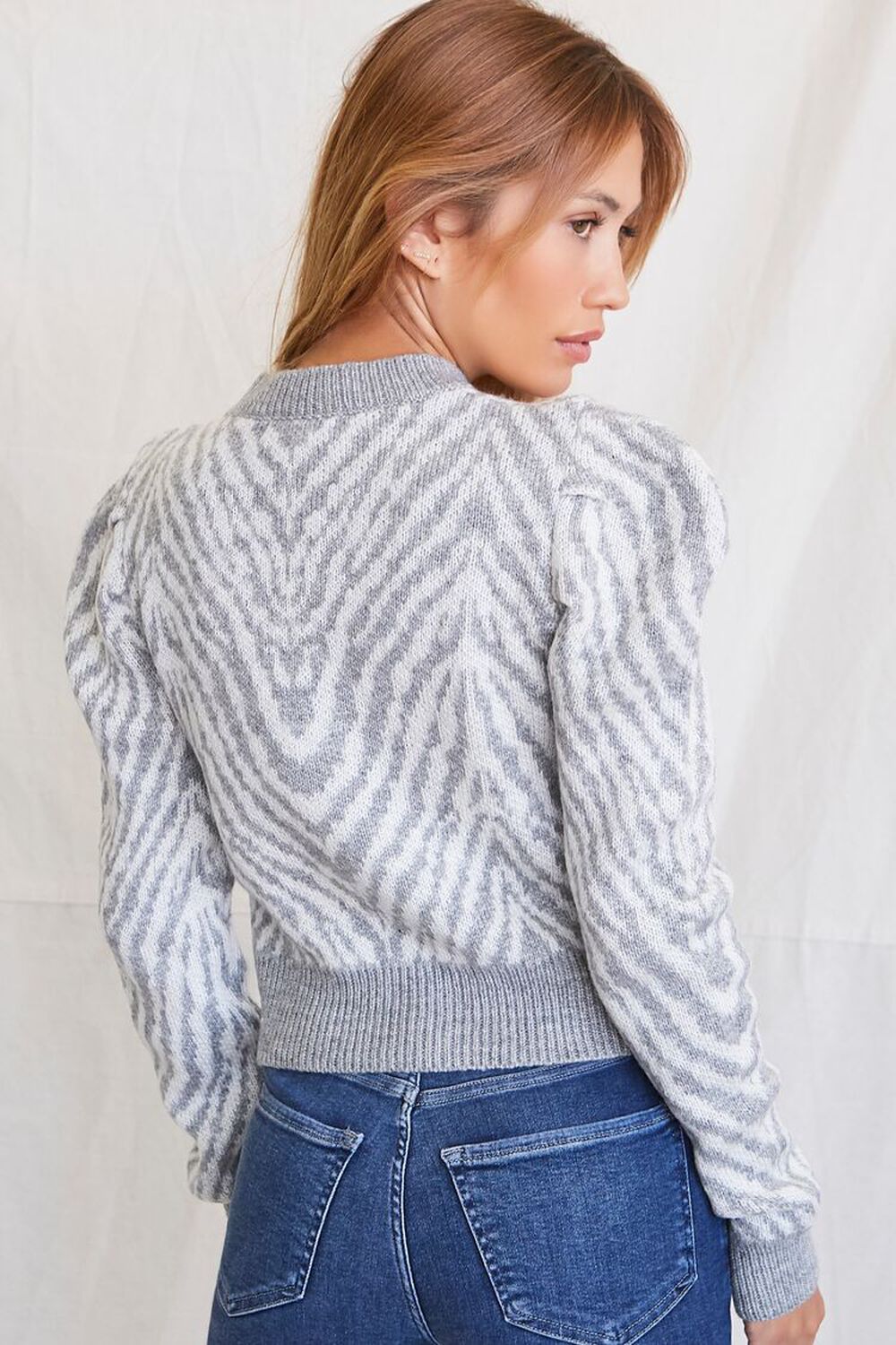 IVORY/GREY Zebra Striped Puff-Sleeve Sweater, image 3