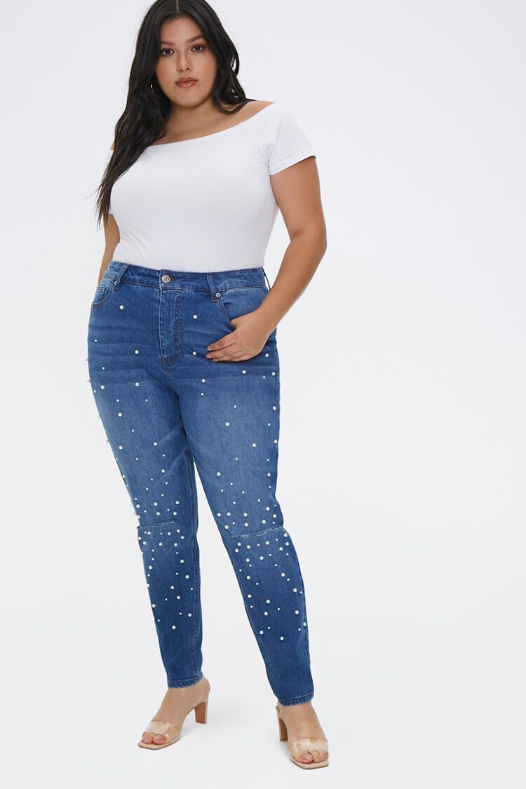 plus size jeans with pearls on them