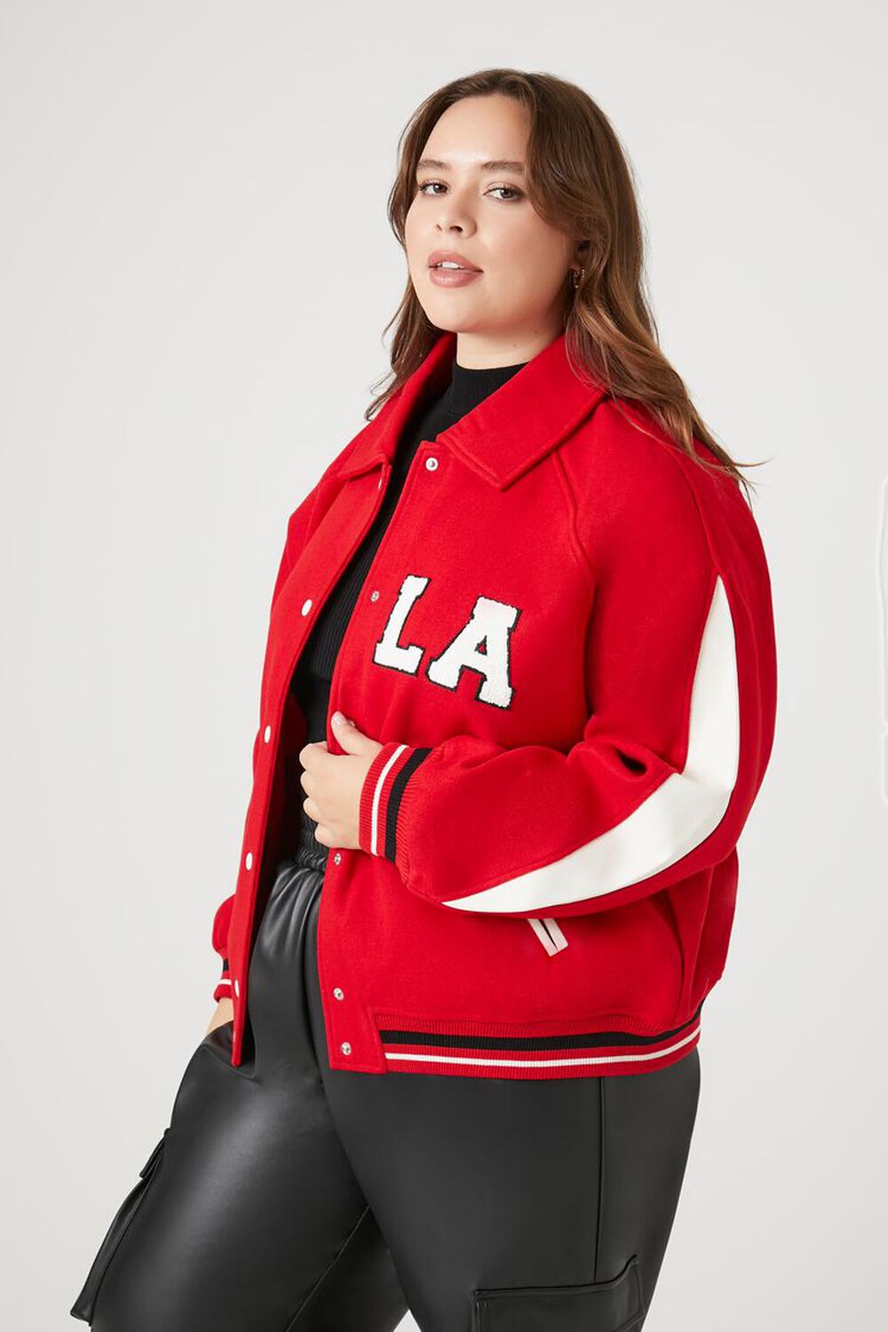 Women's Red La Graphic Front Contrast Satin Bomber Jacket - Size M