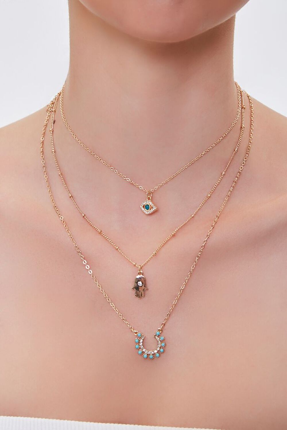 GOLD Hamsa & Eye Charm Necklace Set, image 1