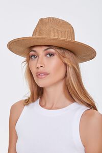 NATURAL/BROWN Faux Straw Buckled Fedora, image 2