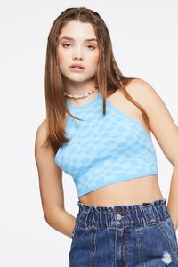 BLUE/MULTI Checkered Sweater-Knit Halter Top, image 1