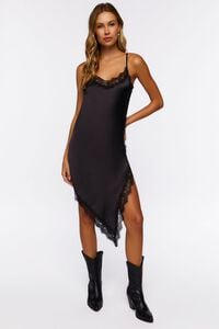 BLACK Satin Eyelash Lace Midi Slip Dress, image 1