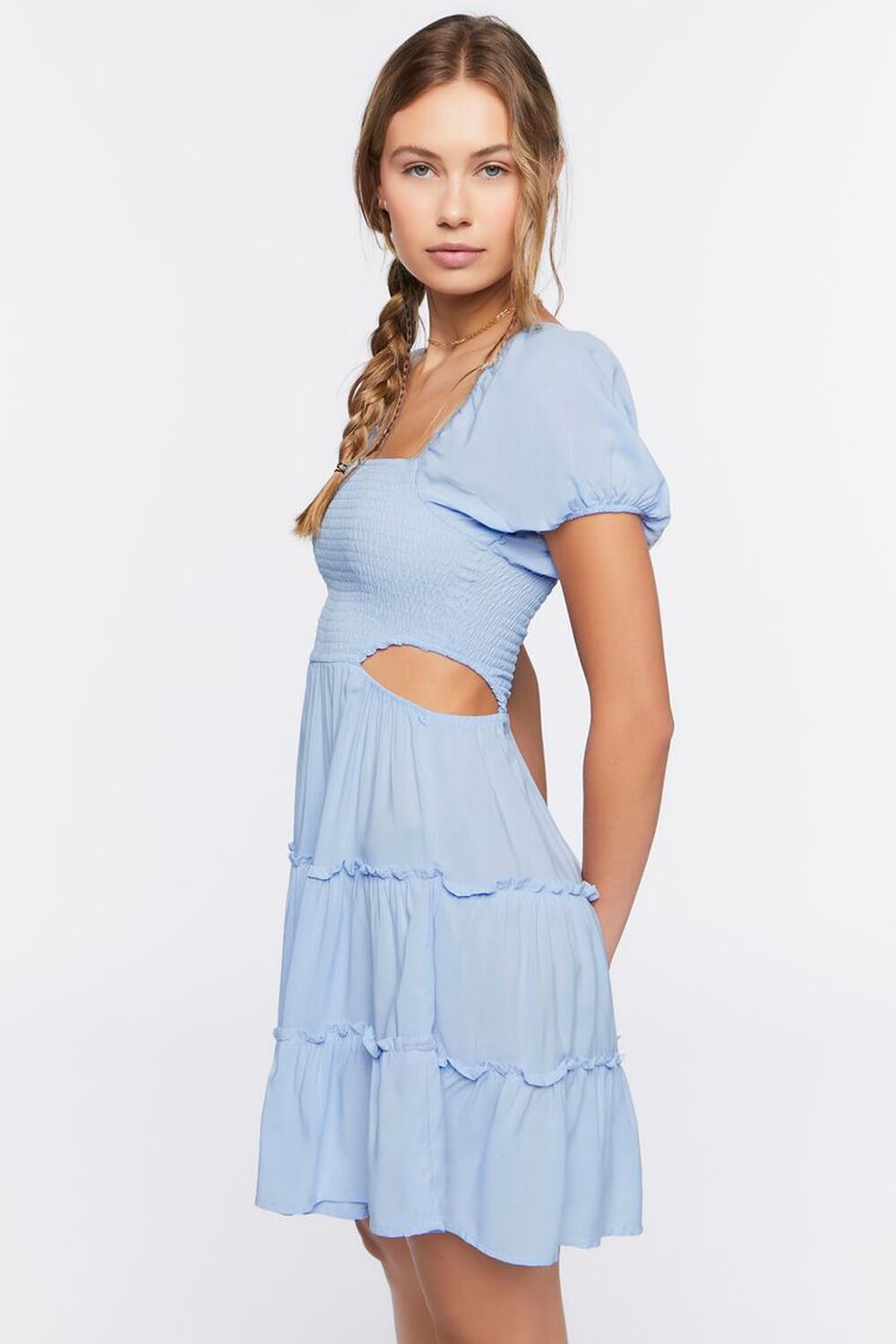 LIGHT BLUE Cutout Puff-Sleeve Mini Dress, image 2