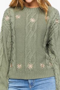 GREEN/TAN Embroidered Floral Cable Knit Sweater, image 6