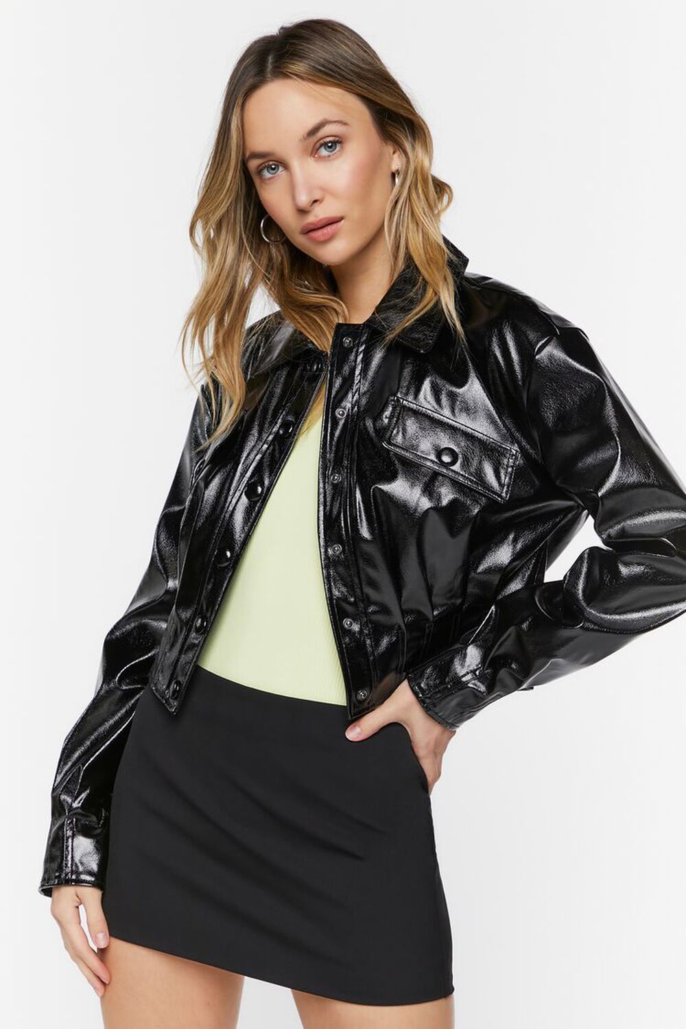 BLACK Faux Patent Leather Cropped Shacket, image 2