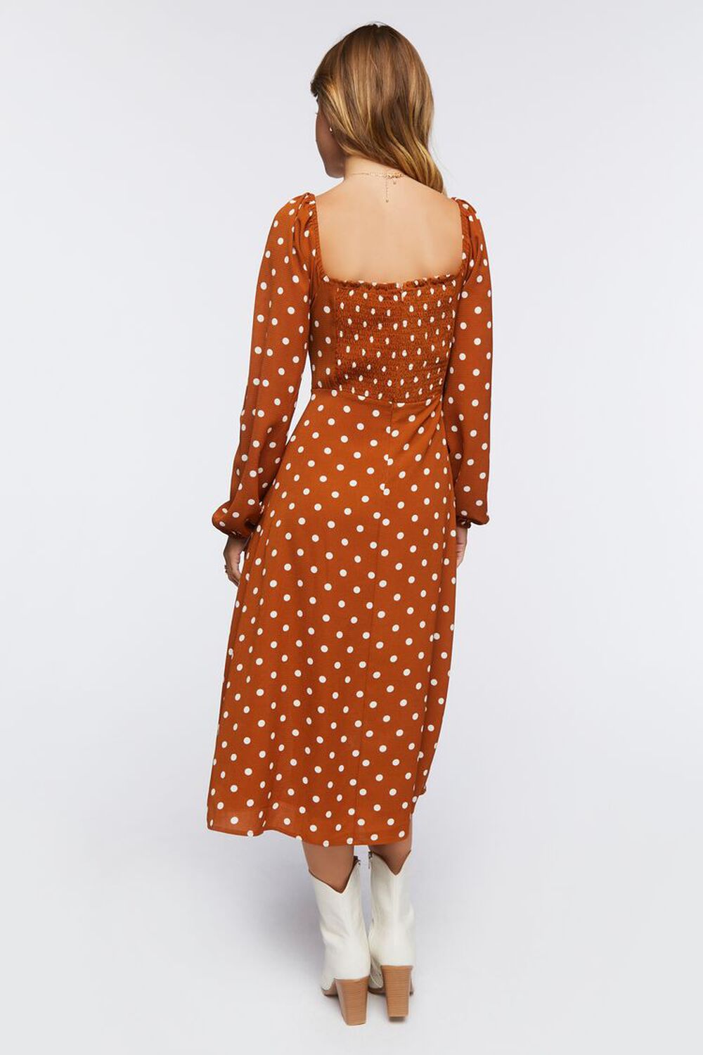TAN/WHITE Polka Dot Peasant-Sleeve Midi Dress, image 3