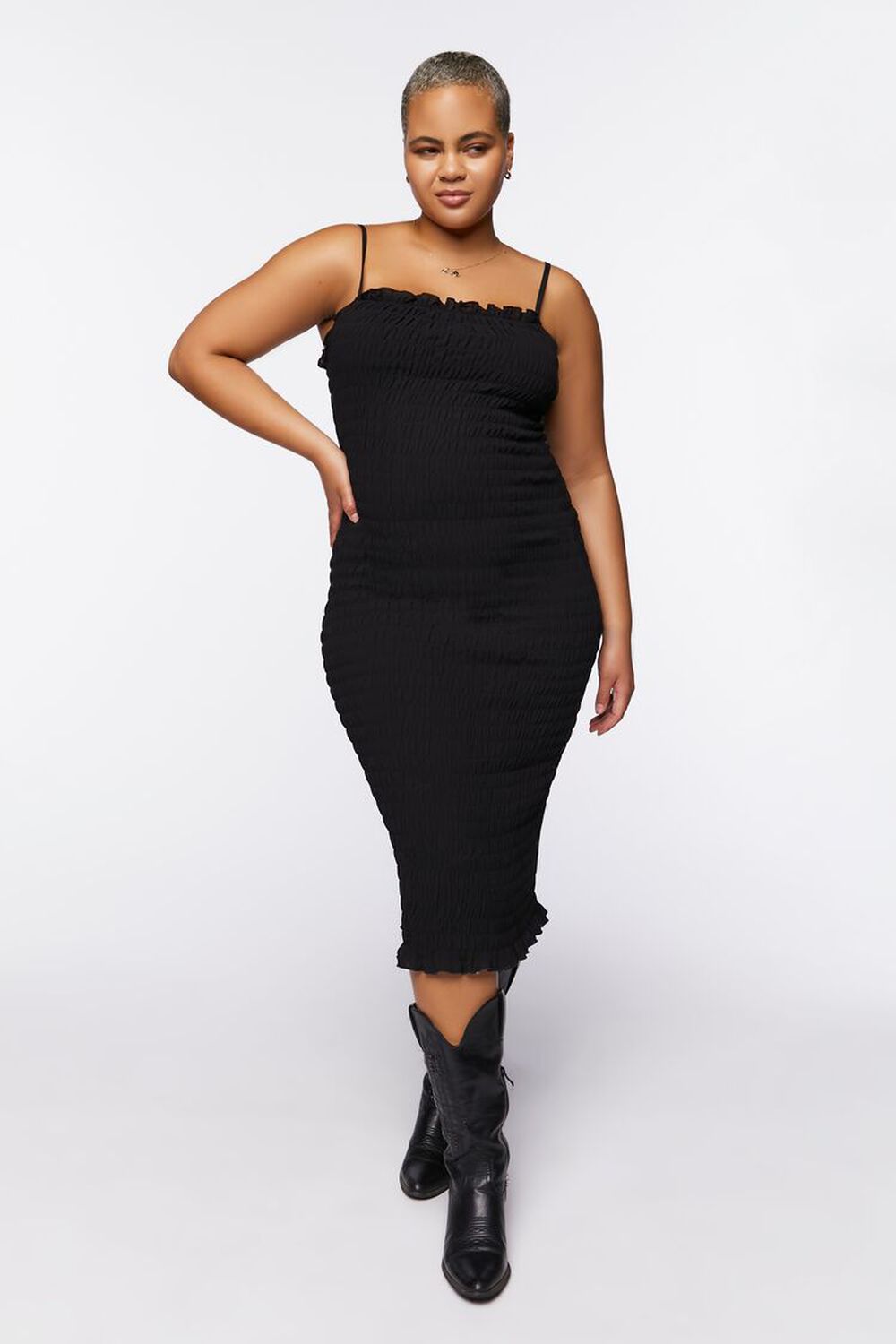 BLACK Plus Size Smocked Bodycon Midi Dress, image 1