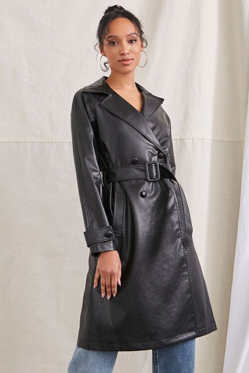 BLACK Faux Leather Double-Breasted Trench Coat, image 1