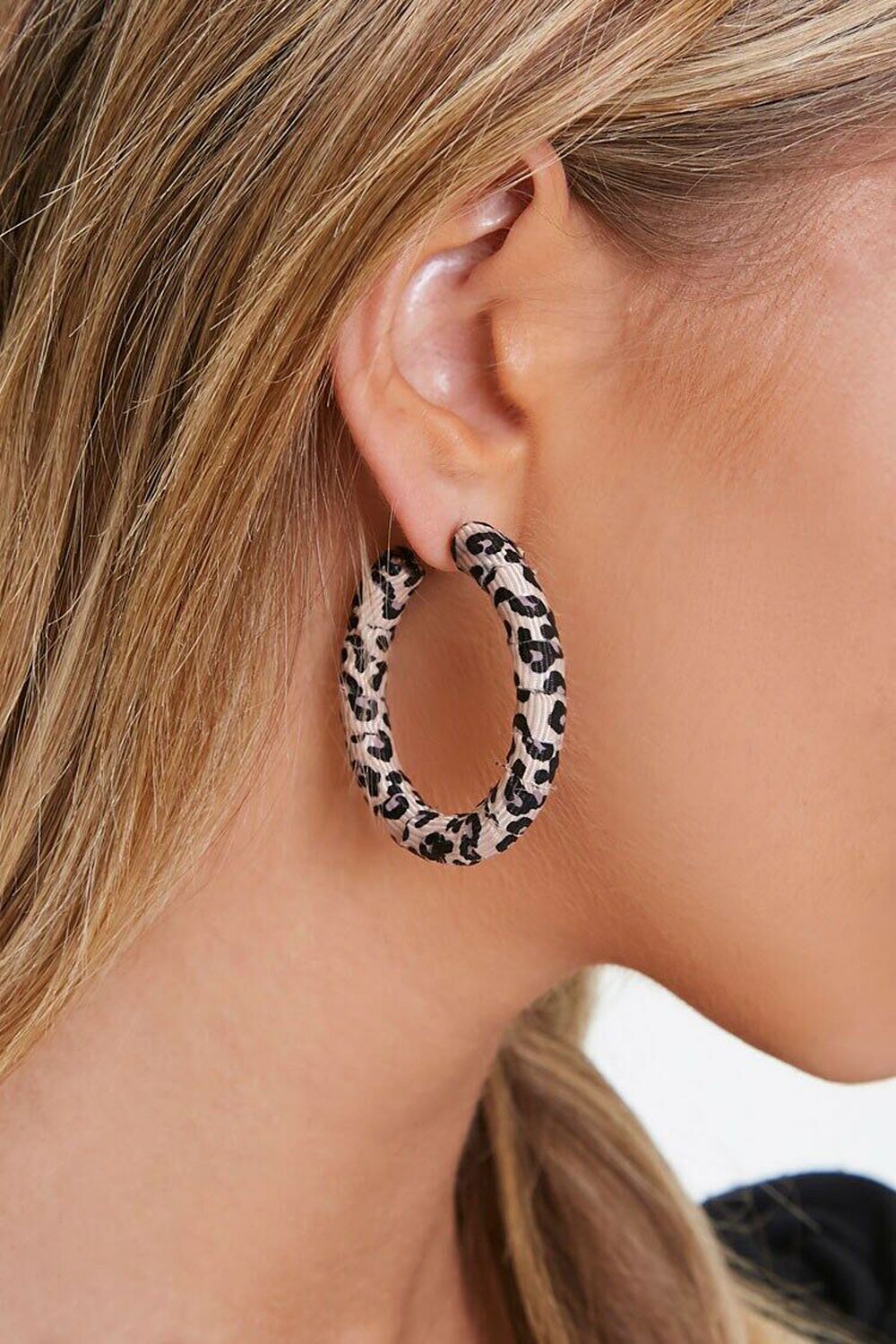BLACK/TAUPE Leopard Print Hoop Earrings, image 1