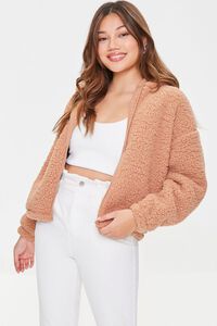 TAUPE Faux Shearling Zip-Up Hoodie, image 1
