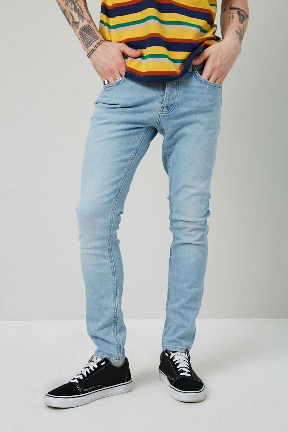 Men Skinny Jeans, Fashion Solid Low-Waist Slim-Fit Denim Pants Streetwear,  Light Blue/Black