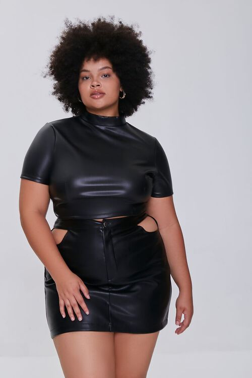 BLACK Plus Size Faux Leather Mini Skirt, image 1