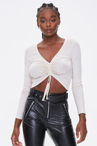 OATMEAL Ruched Rib-Knit Crop Top, image 1