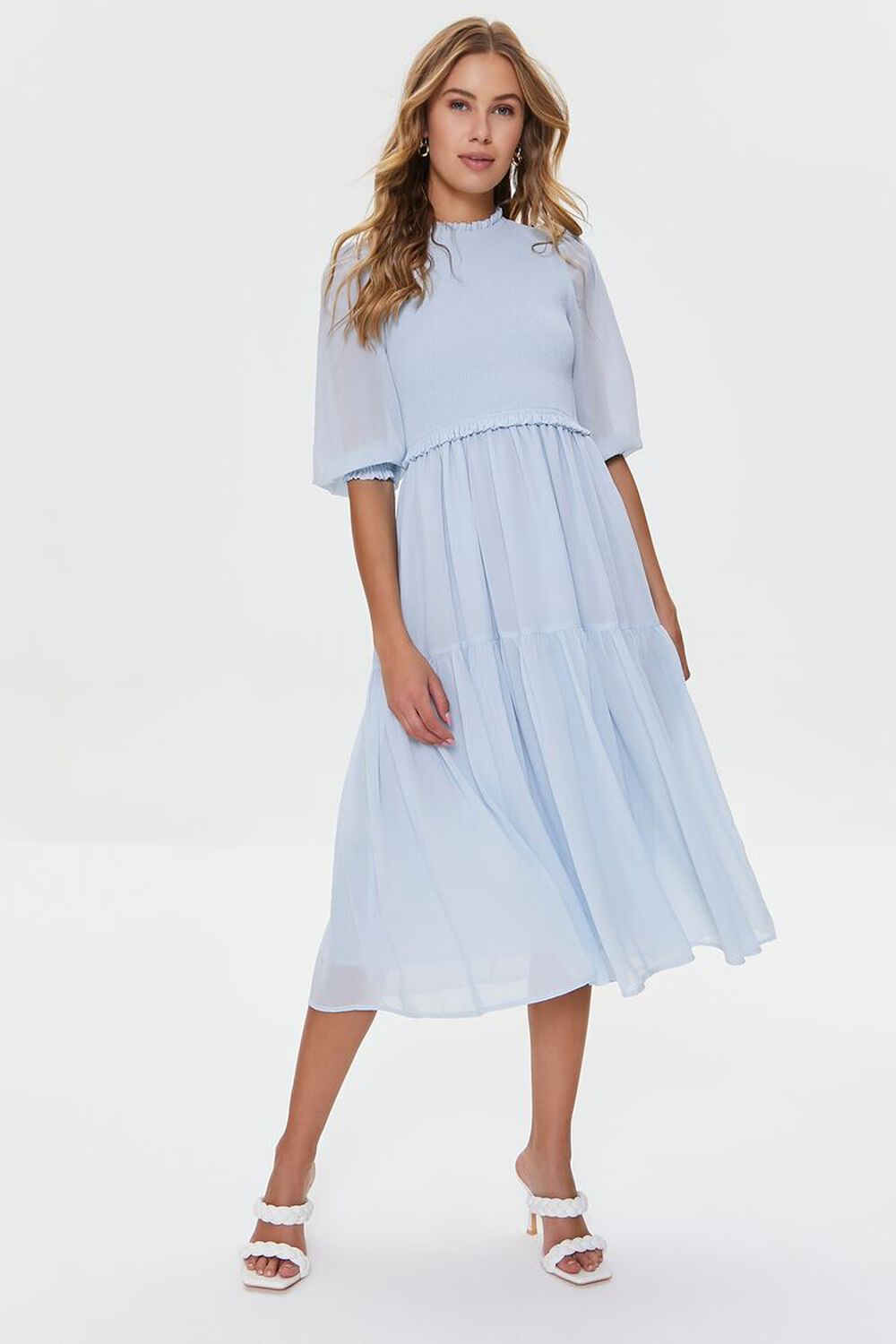 SKY BLUE Smocked Peasant-Sleeve Dress, image 1