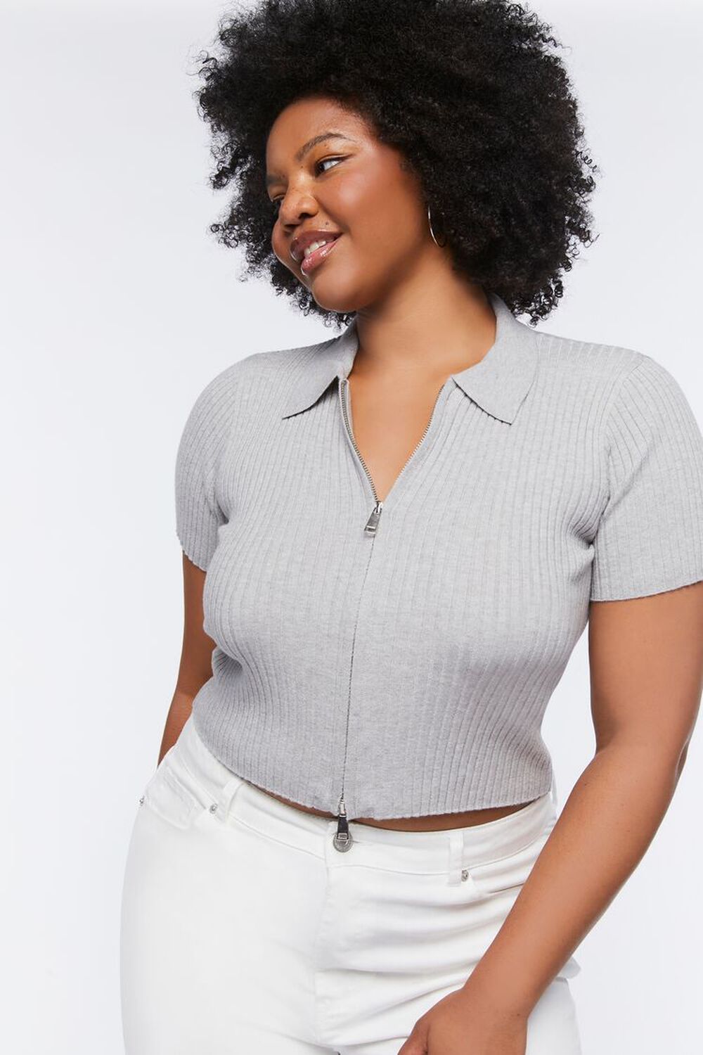 HEATHER GREY Plus Size Ribbed Knit Zip-Up Top, image 1