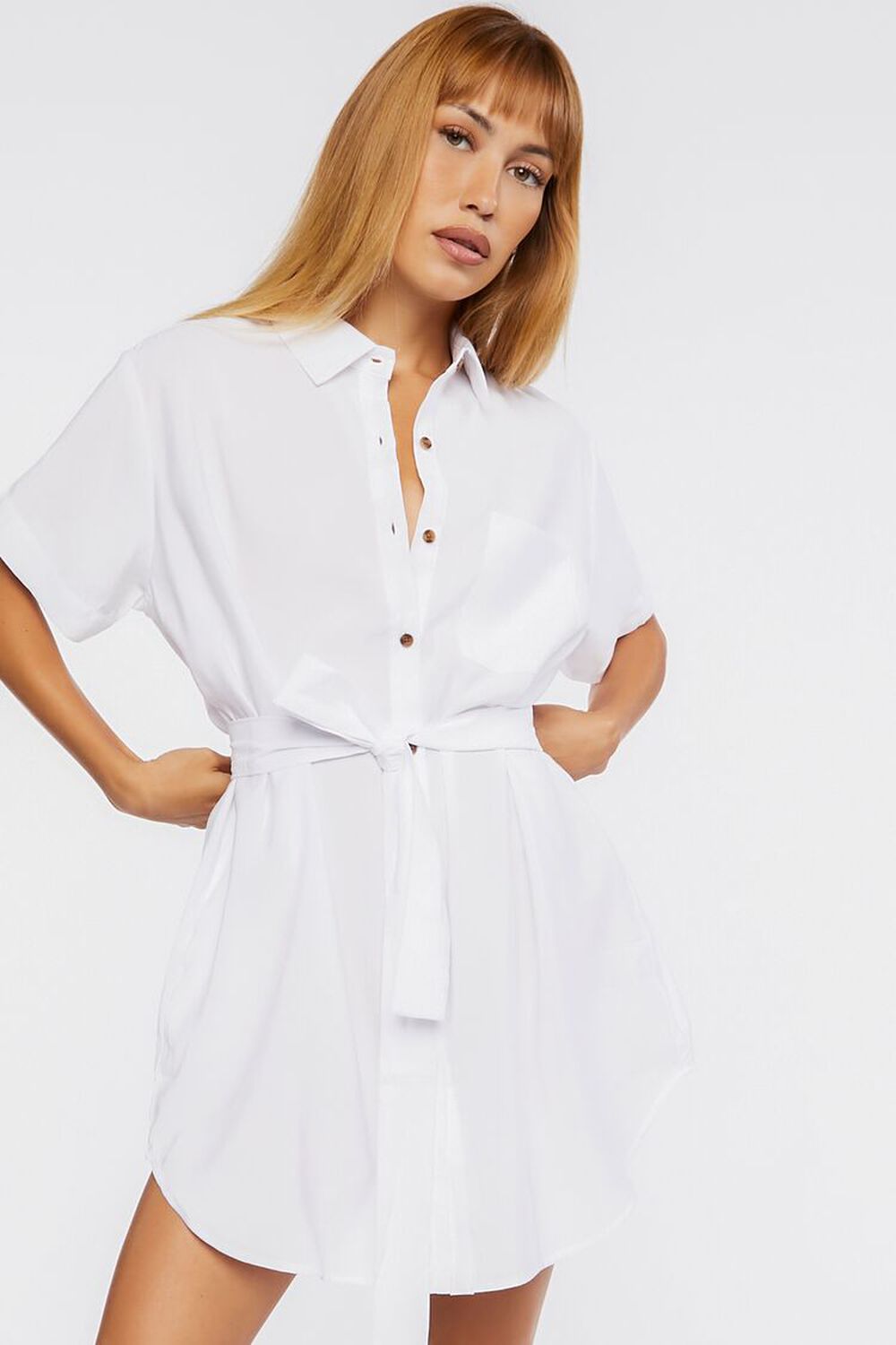 WHITE Tie-Waist Mini Shirt Dress, image 1