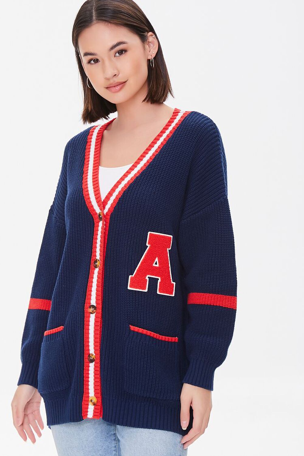 NAVY/RED Varsity-Striped Cardigan Sweater, image 1