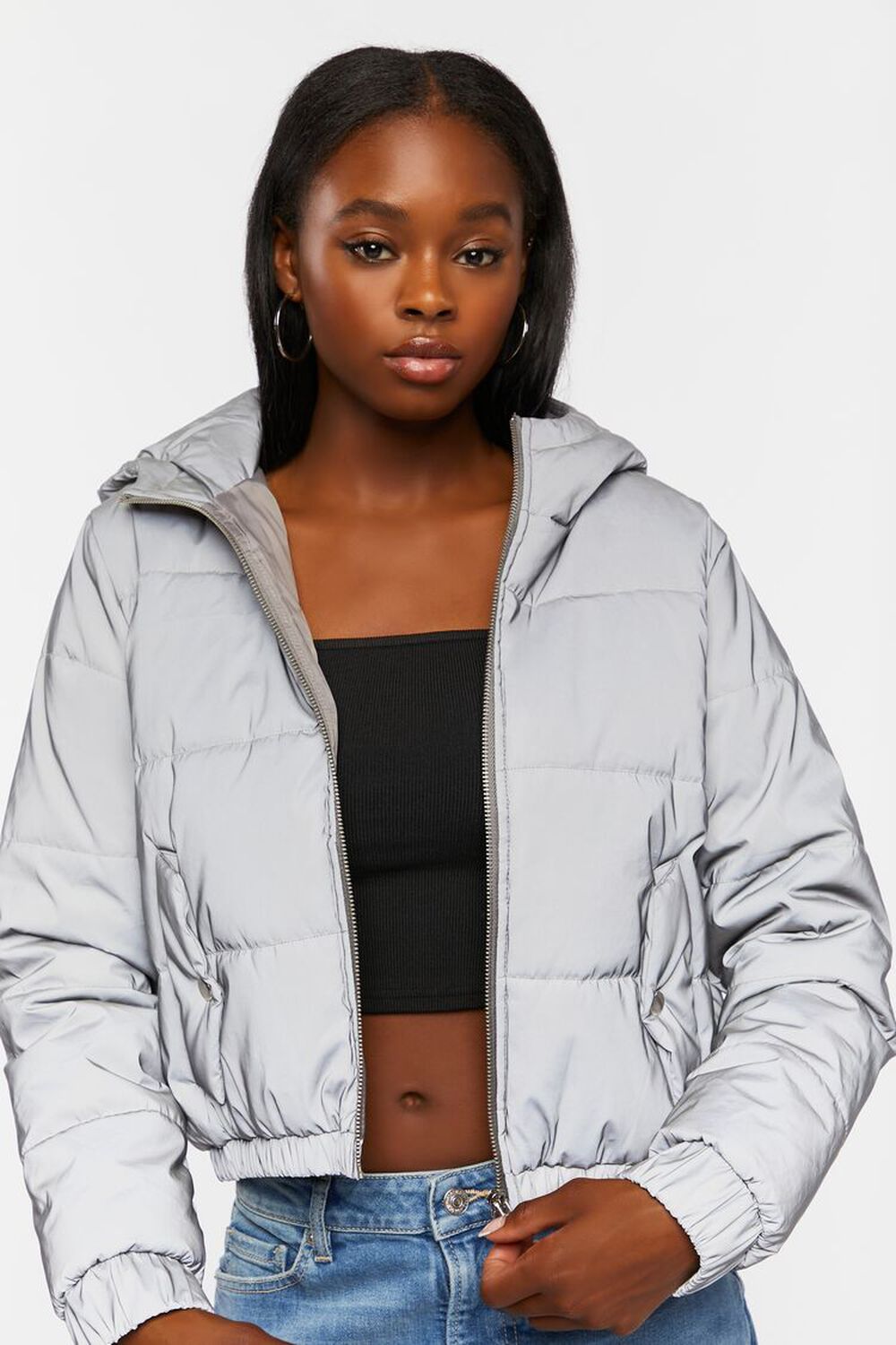 Forever 21 Women's Reflective Hooded Puffer Bubble Coat Jacket in Silver Medium | F21