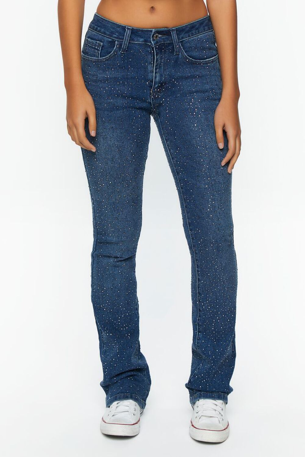 DARK DENIM Rhinestone Mid-Rise Bootcut Jeans, image 1