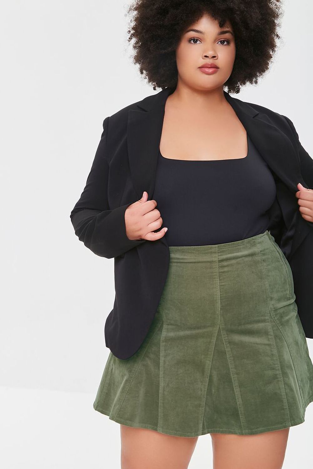HUNTER GREEN Plus Size Velveteen A-Line Mini Skirt, image 1