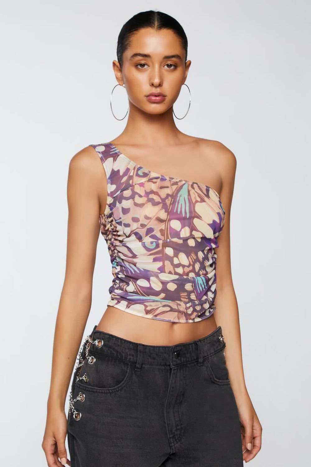PURPLE/MULTI Abstract Print One-Shoulder Crop Top, image 1