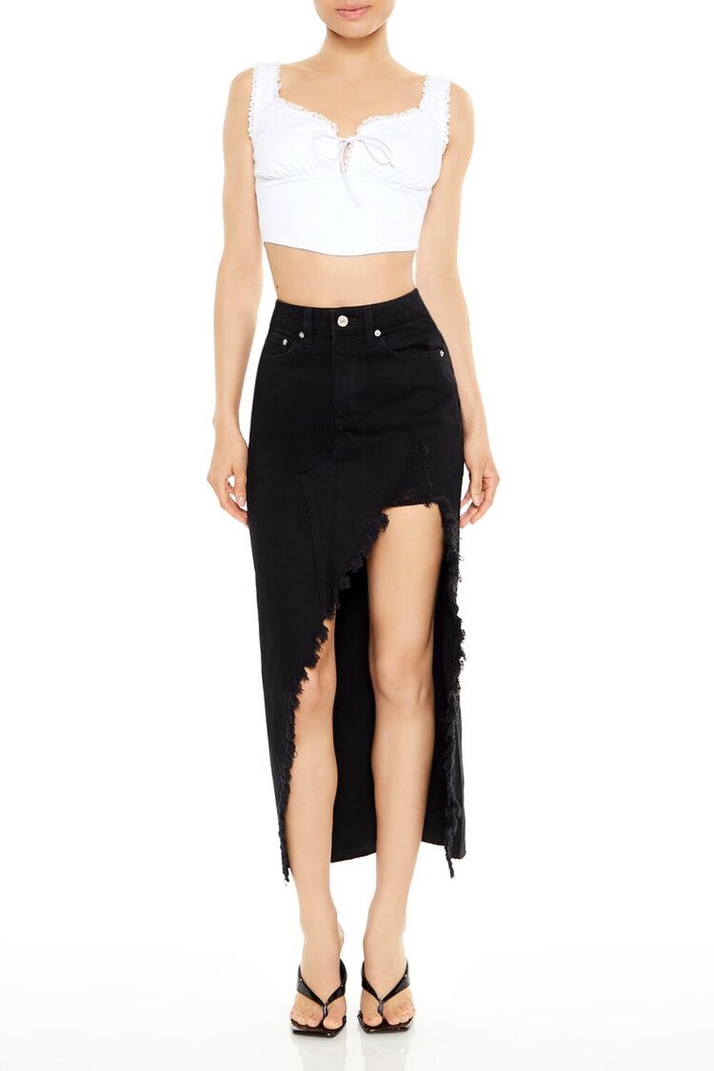 BLACK Frayed Denim Midi Skirt, image 1