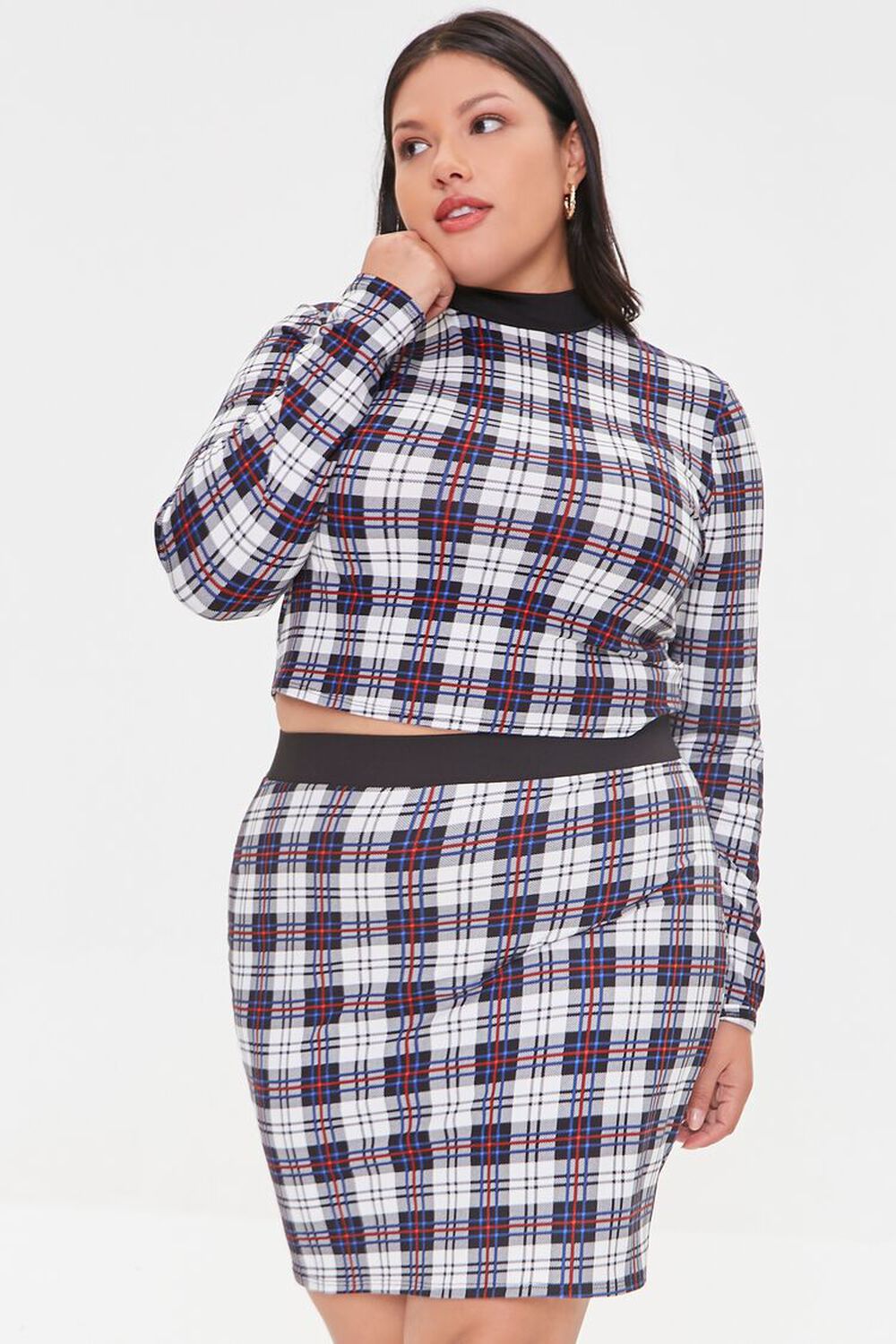 BLACK/WHITE Plus Size Plaid Top & Mini Skirt Set, image 1