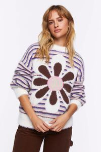 VANILLA/MULTI Fuzzy Striped Floral Graphic Sweater, image 6