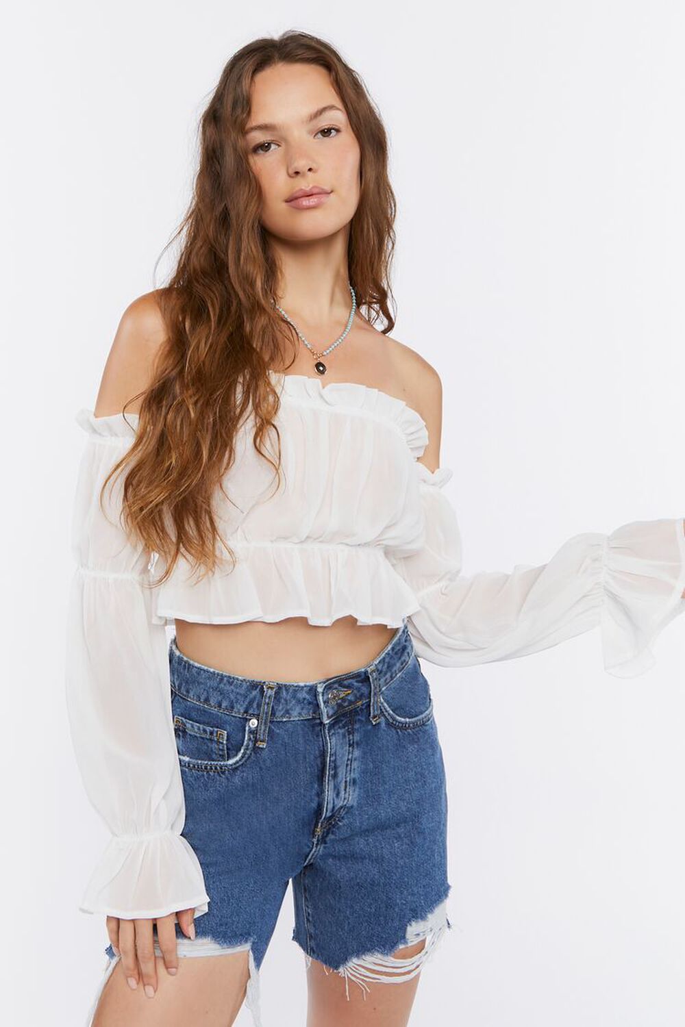 IVORY Ruffle Off-the-Shoulder Crop Top, image 1
