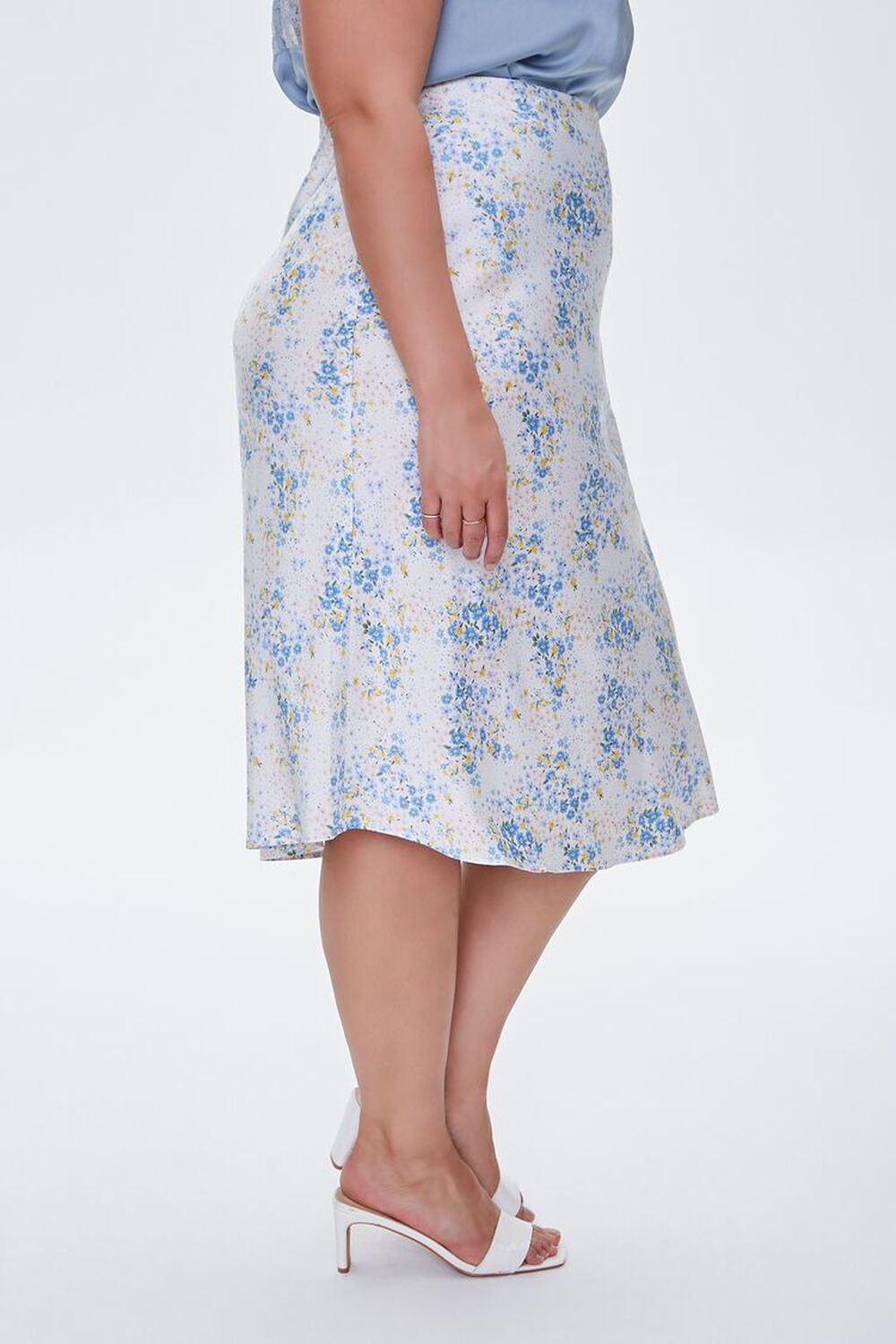 WHITE/MULTI Plus Size Satin Floral Midi Skirt, image 3