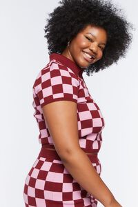 PINK/MAROON Plus Size Checkered Sweater-Knit Polo Shirt, image 2