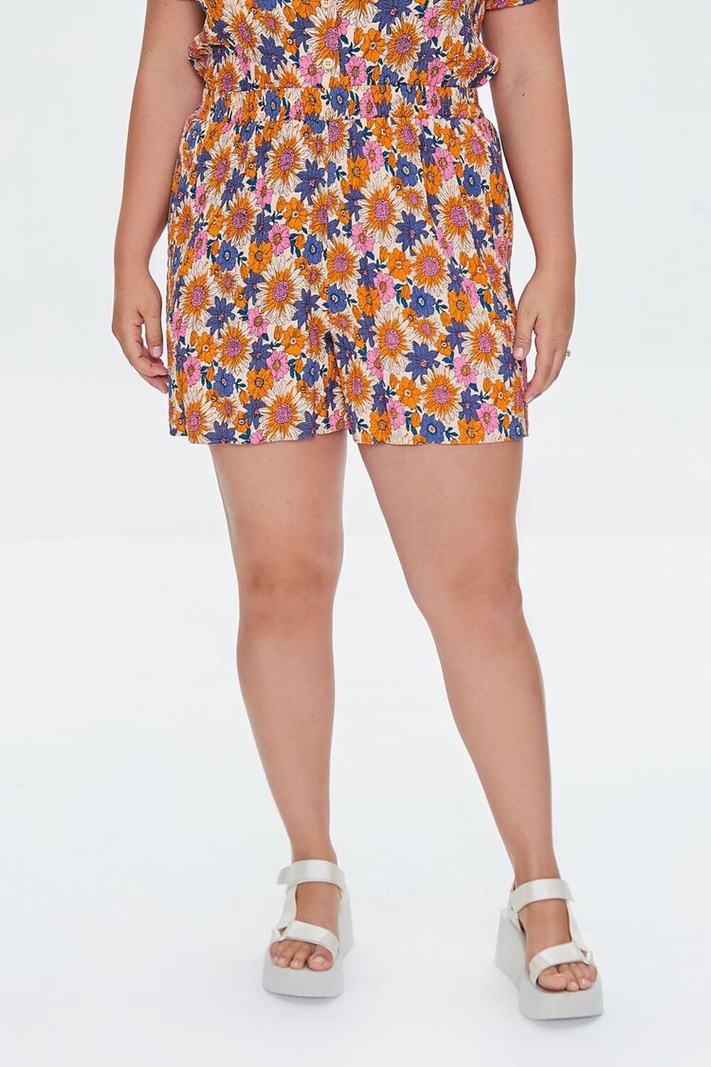 ORANGE/MULTI Plus Size Floral Print Shorts, image 2