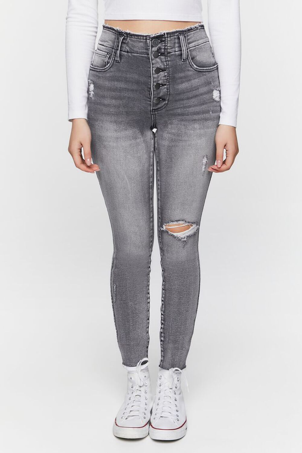 DENIM WASHED Distressed High-Rise Skinny Jeans, image 1