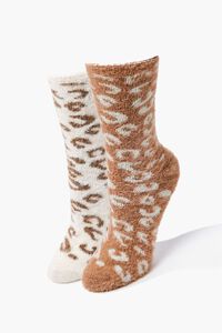 TAUPE/MULTI Fuzzy Knit Leopard Crew Socks, image 1