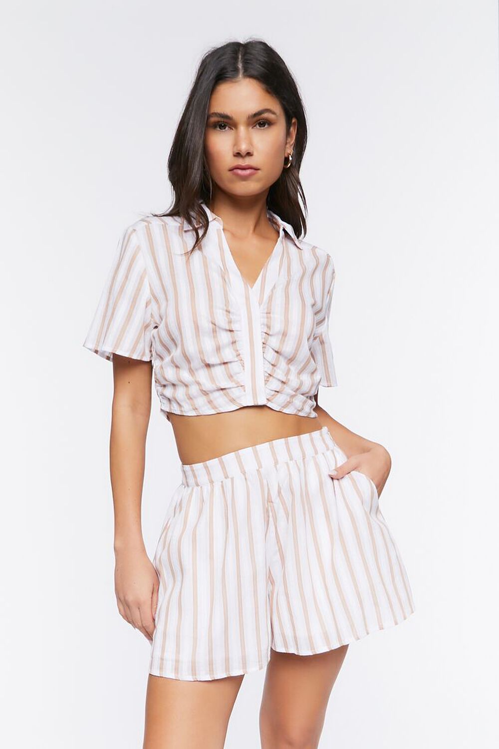 WHITE/SAFARI Striped Cotton Shorts, image 1