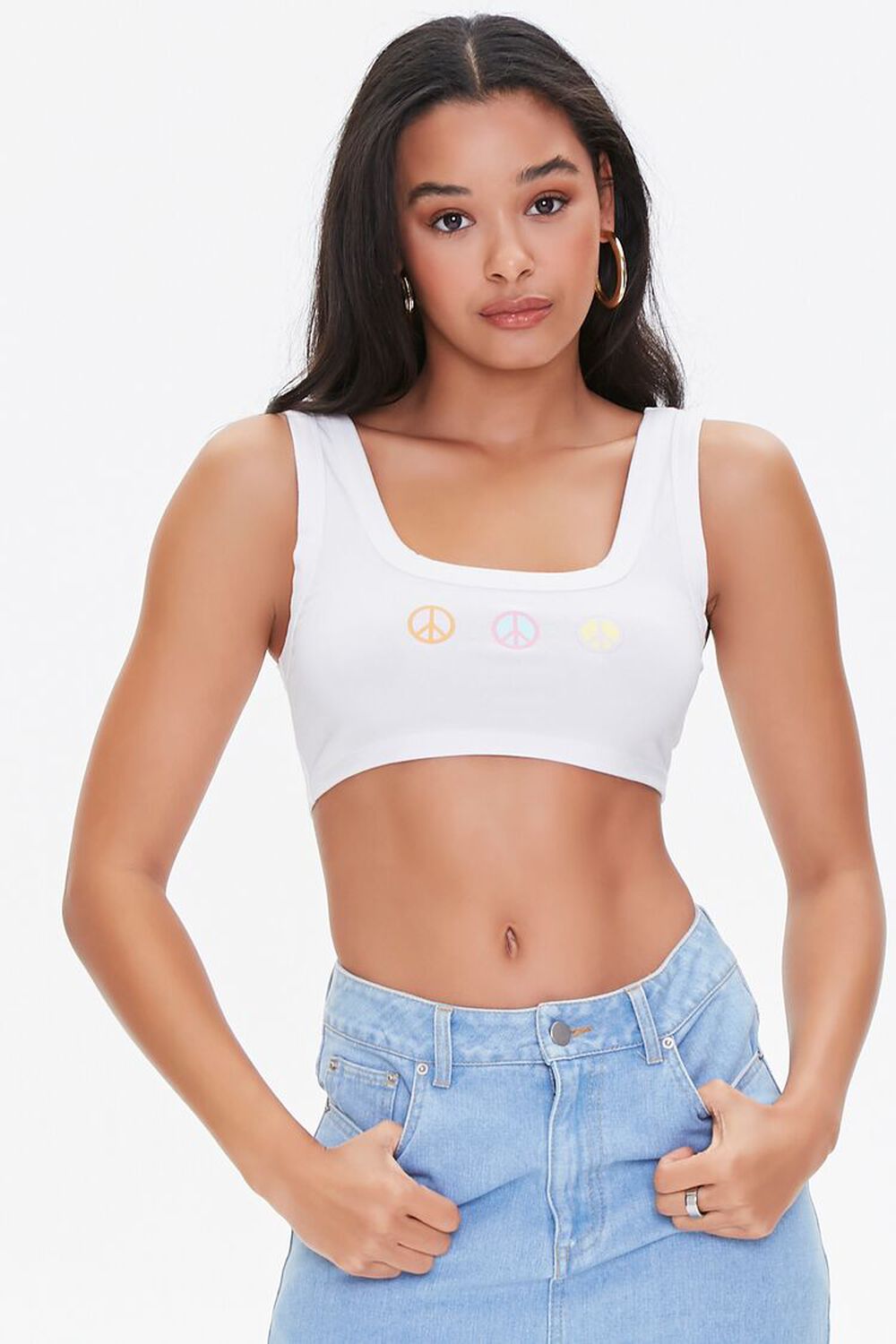 WHITE/MULTI Peace Sign Graphic Crop Top, image 1