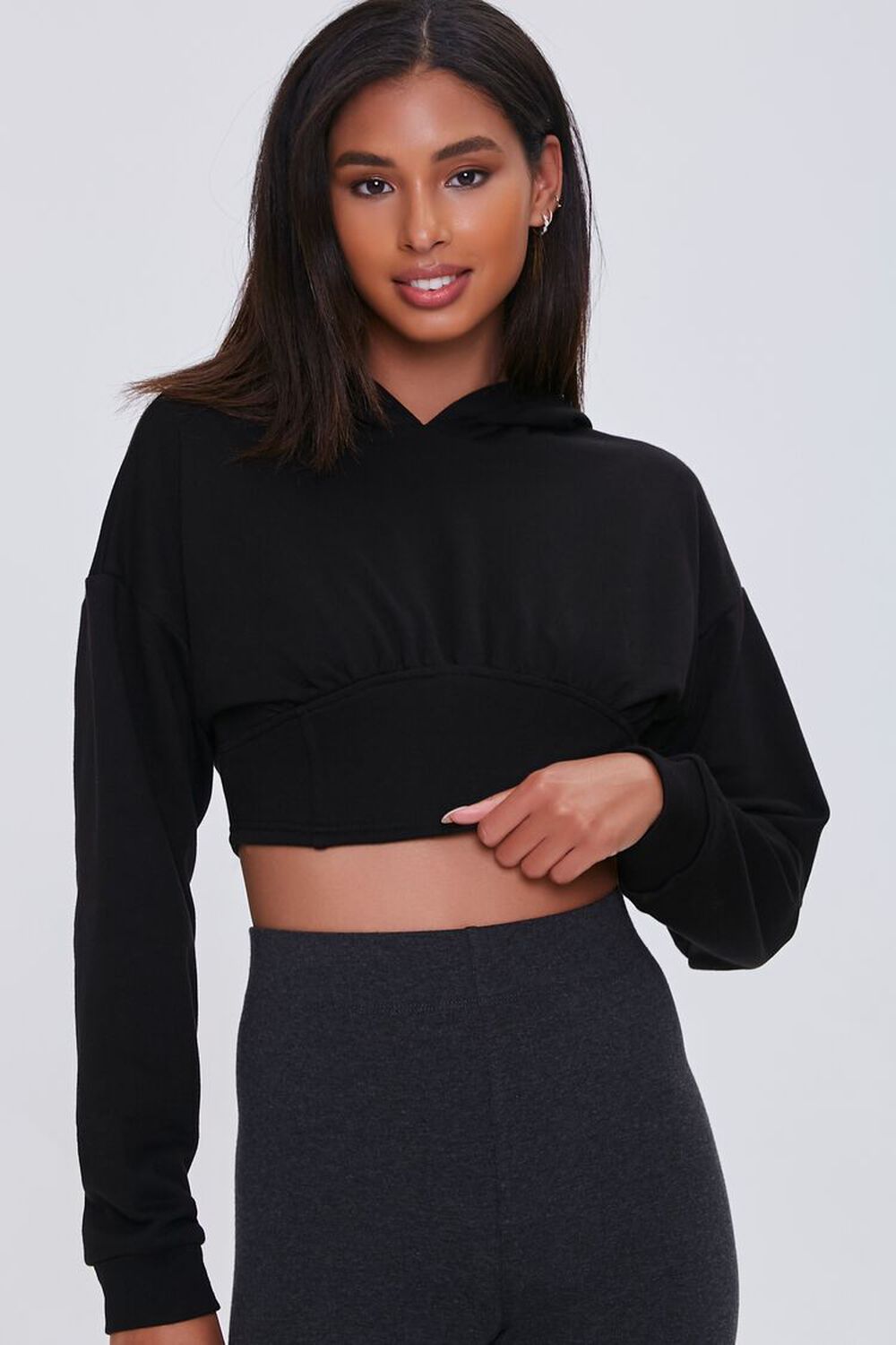 BLACK French Terry Cropped Hoodie, image 1