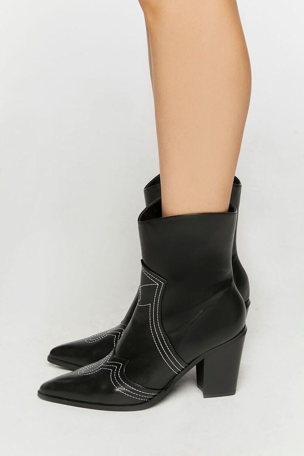 BLACK Faux Leather Contrast Cowboy Boots, image 3