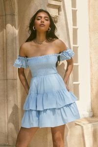 LIGHT BLUE Ruffled Off-the-Shoulder Mini Dress, image 1