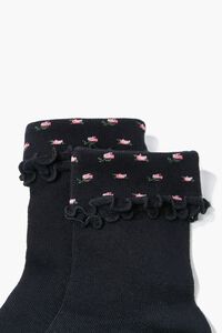 BLACK Floral Lettuce-Edge Crew Socks, image 3