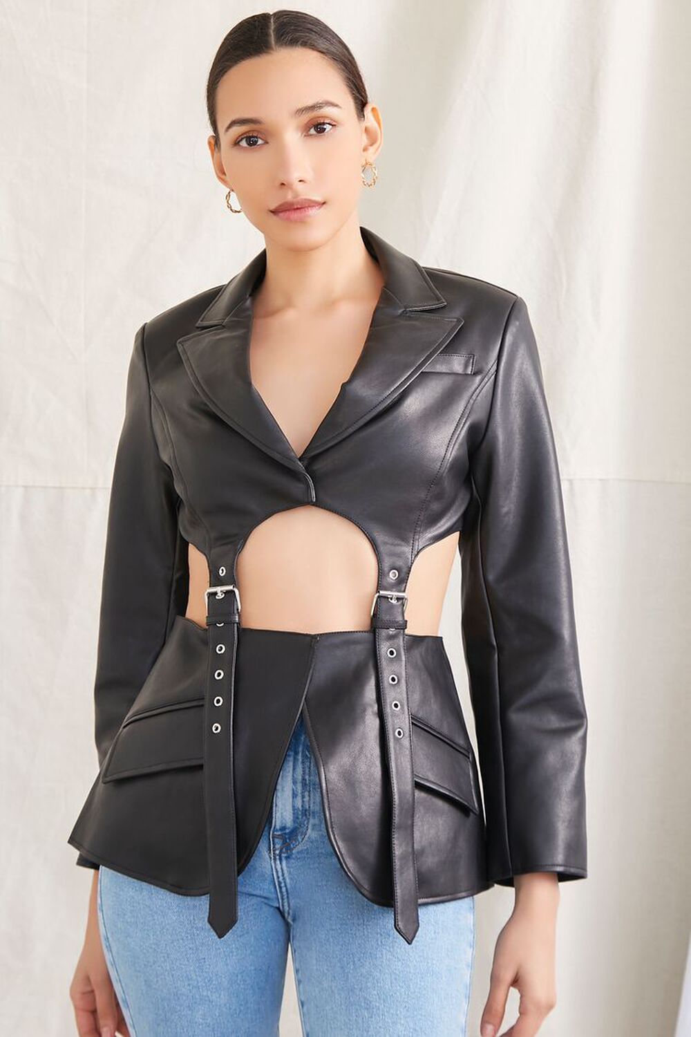 Faux Leather Cut Out Belted Jacket