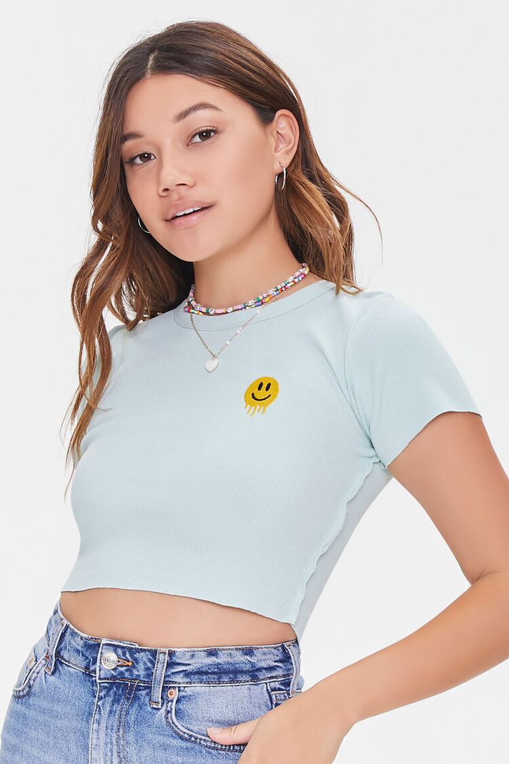 SAGE/MULTI Embroidered Happy Face Cropped Tee, image 1