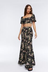 BLACK/MULTI Floral Print Crop Top & Skirt Set, image 1