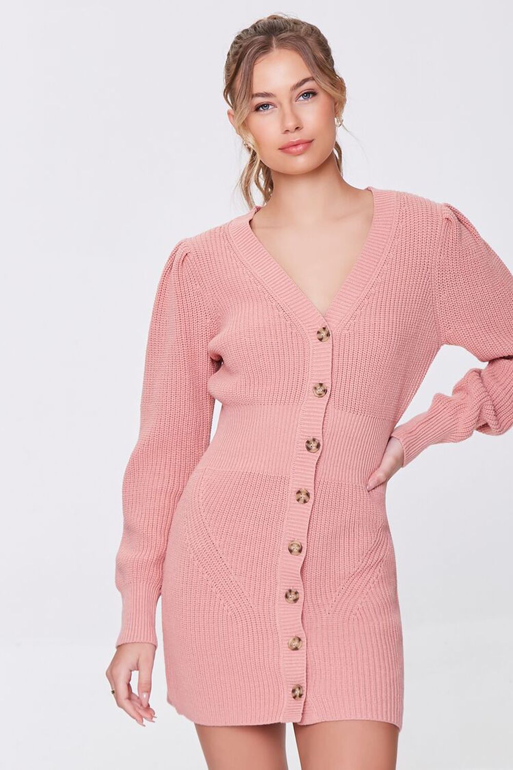 PINK Ribbed Cardigan Sweater Dress, image 1