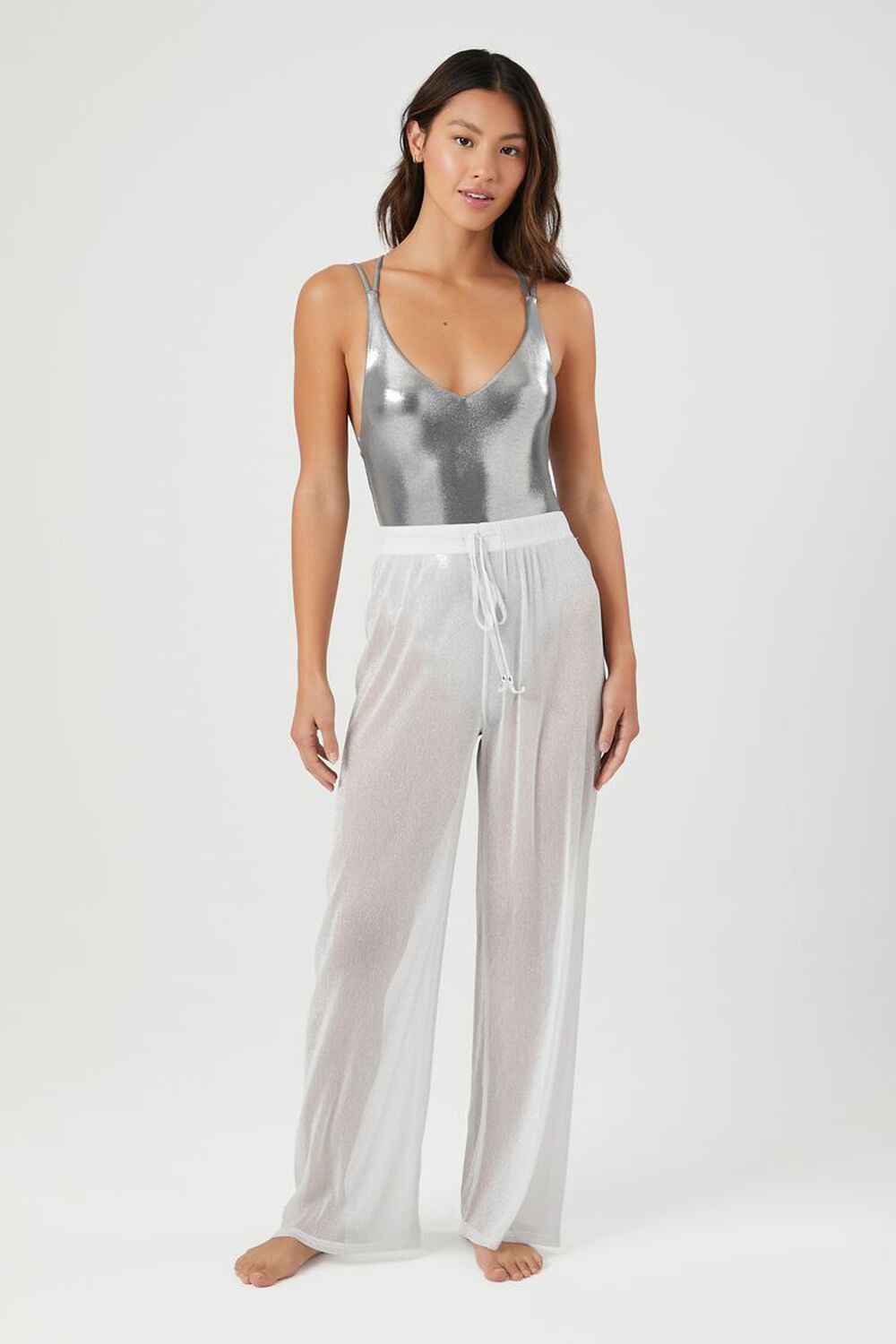 SILVER Sheer Glitter Swim Cover-Up Pants, image 1