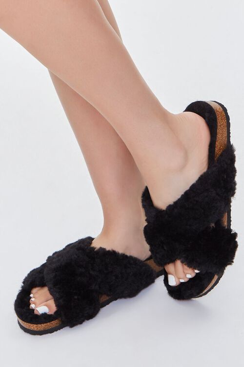 BLACK Plush Faux Fur Crisscross Sandals, image 1