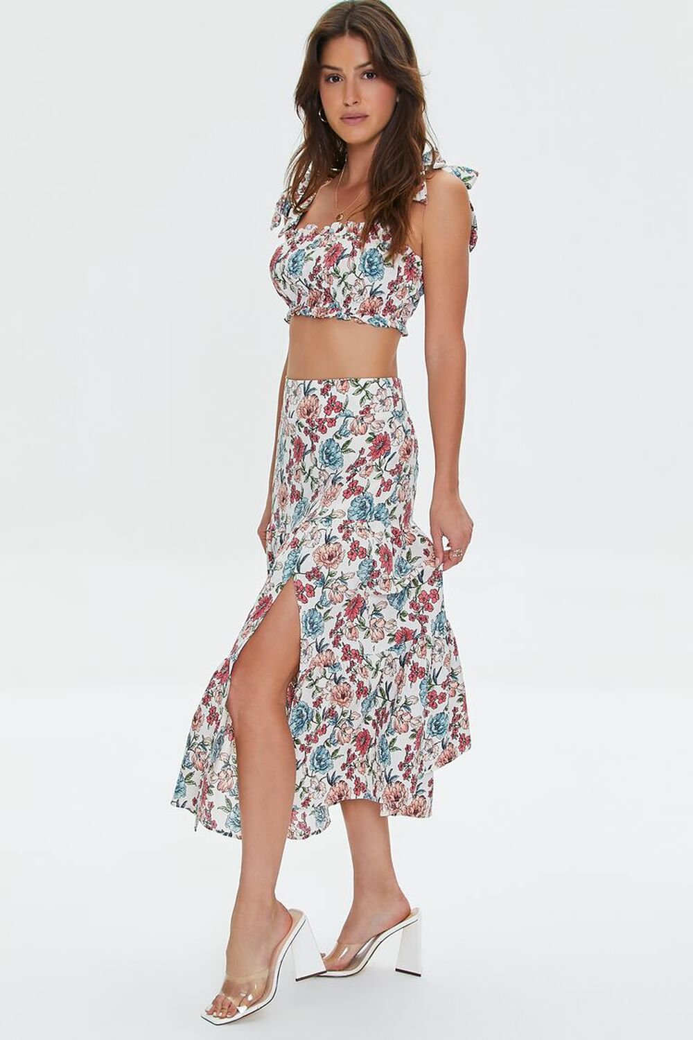 CREAM/MULTI Floral Print Crop Top & Midi Skirt Set, image 1